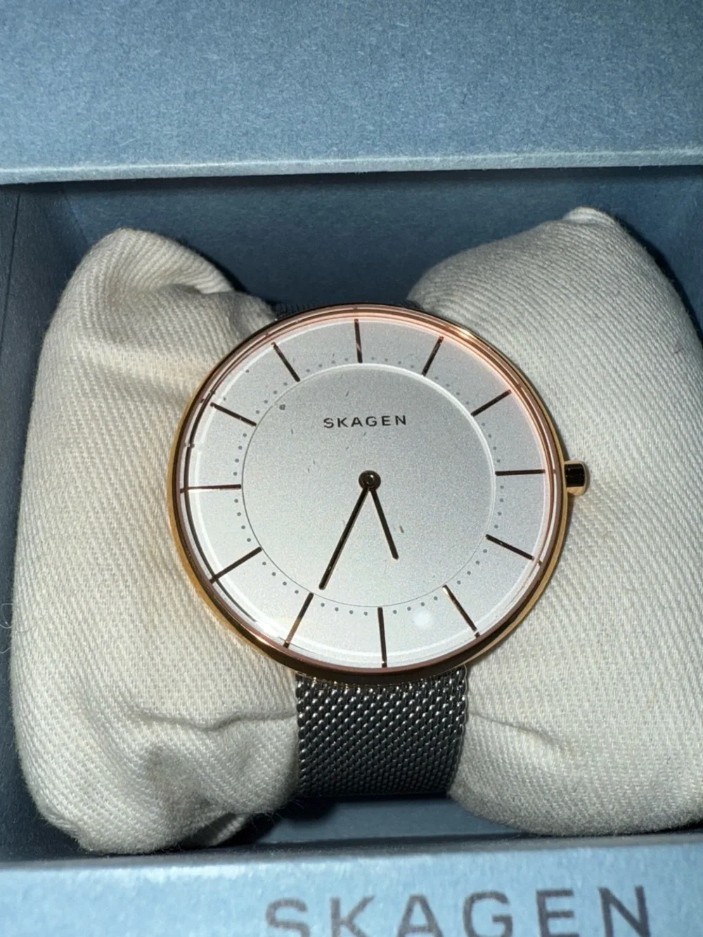 Skagen Women’s Rose Gold Case Watch with White Dial and Silver Mesh Strap